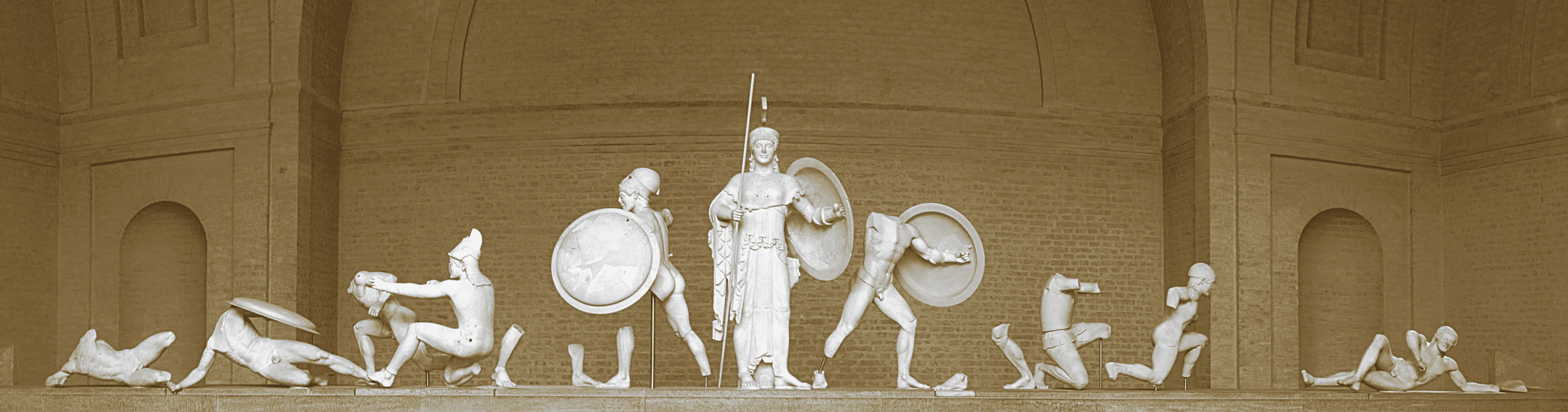 Marble sculptures from the west pediment of the Temple of Aphaia at Aegina, depicting warriors and the goddess Athena, circa 500 BCE