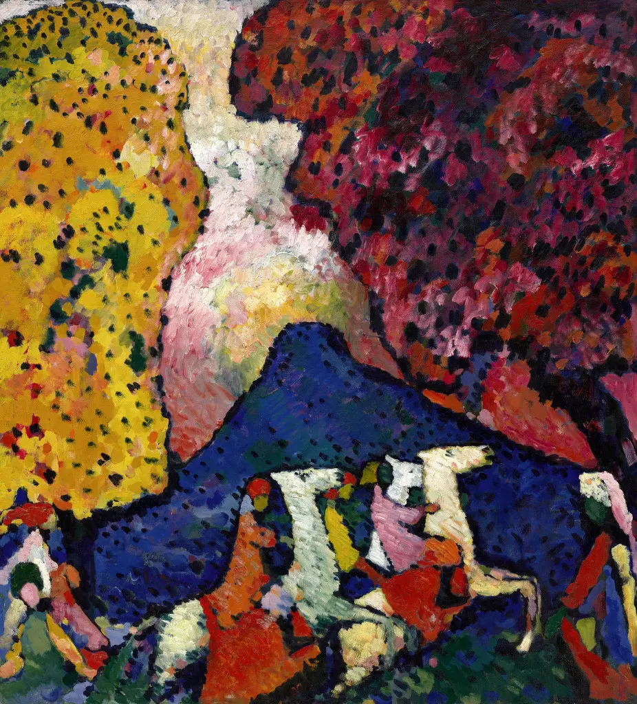 Kandinsky's Blue Mountain, with riders crossing a vivid landscape of saturated yellow, red, blue, green and violet forms