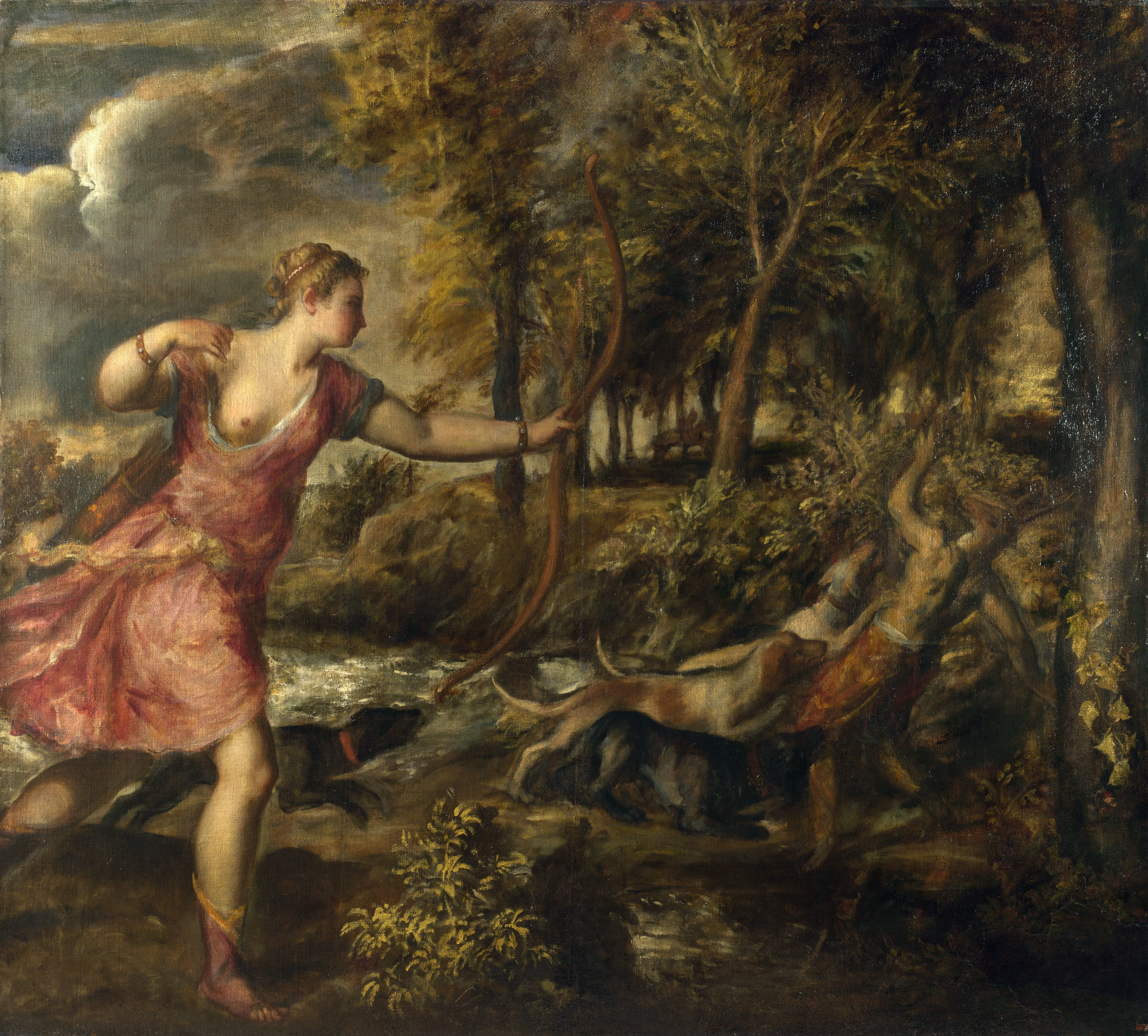 Titian's The Death of Actaeon, with Diana drawing her bow as Actaeon is transformed into a stag and attacked by his hounds in a dark forest