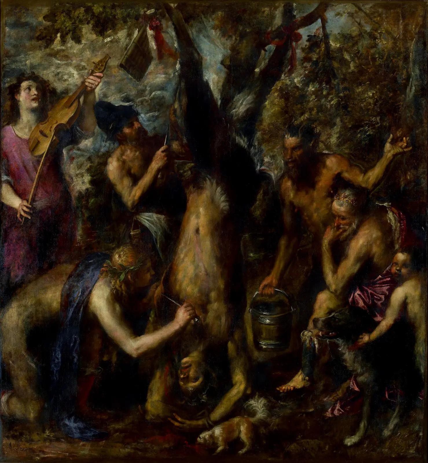 The Flaying of Marsyas by Titian, depicting the mythological scene of Apollo flaying the satyr Marsyas, demonstrating Titian's late loose brushwork style