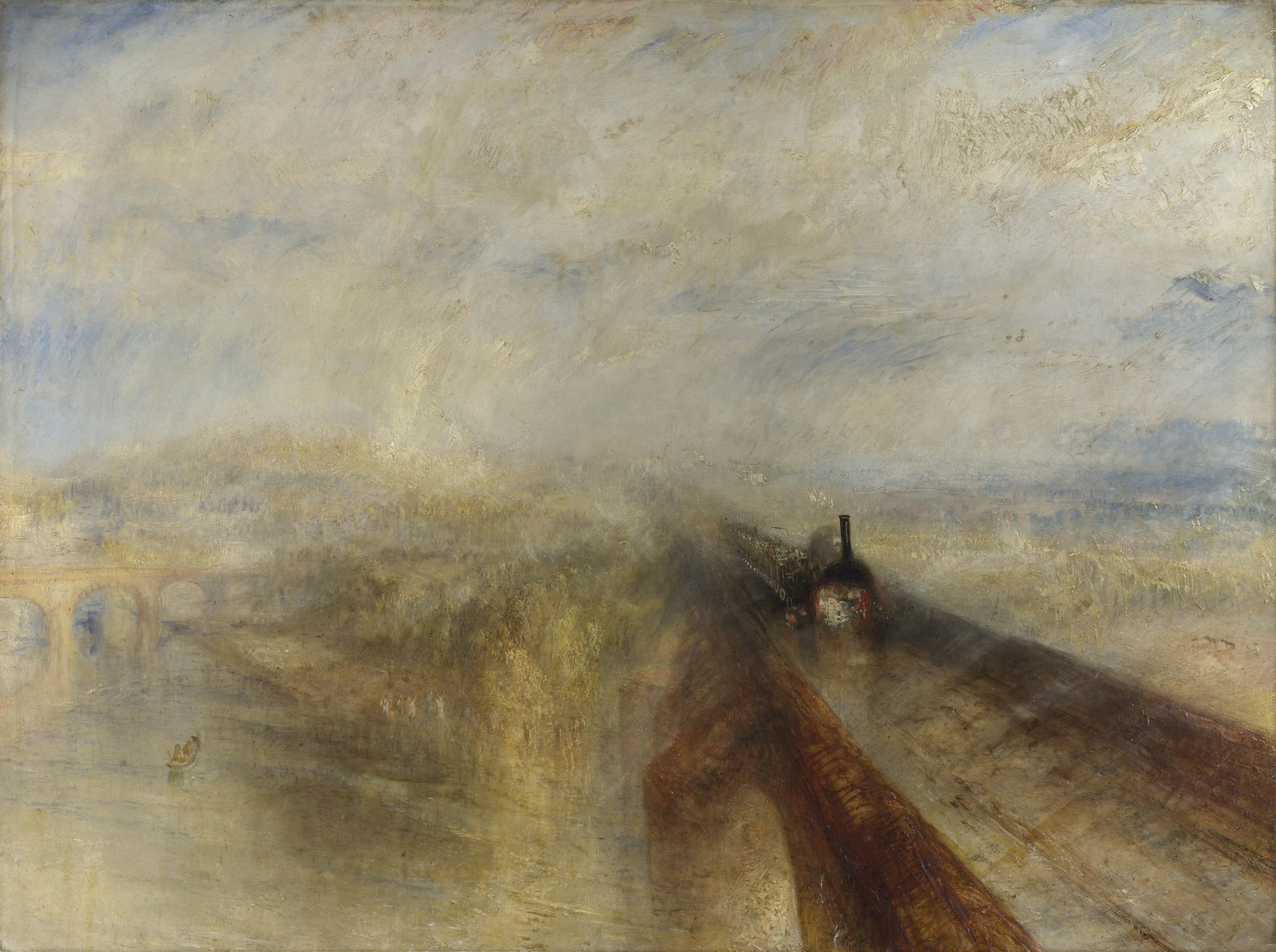 Rain, Steam and Speed by J.M.W. Turner, showing a locomotive emerging through rain and mist, demonstrating Turner's atmospheric loose brushwork